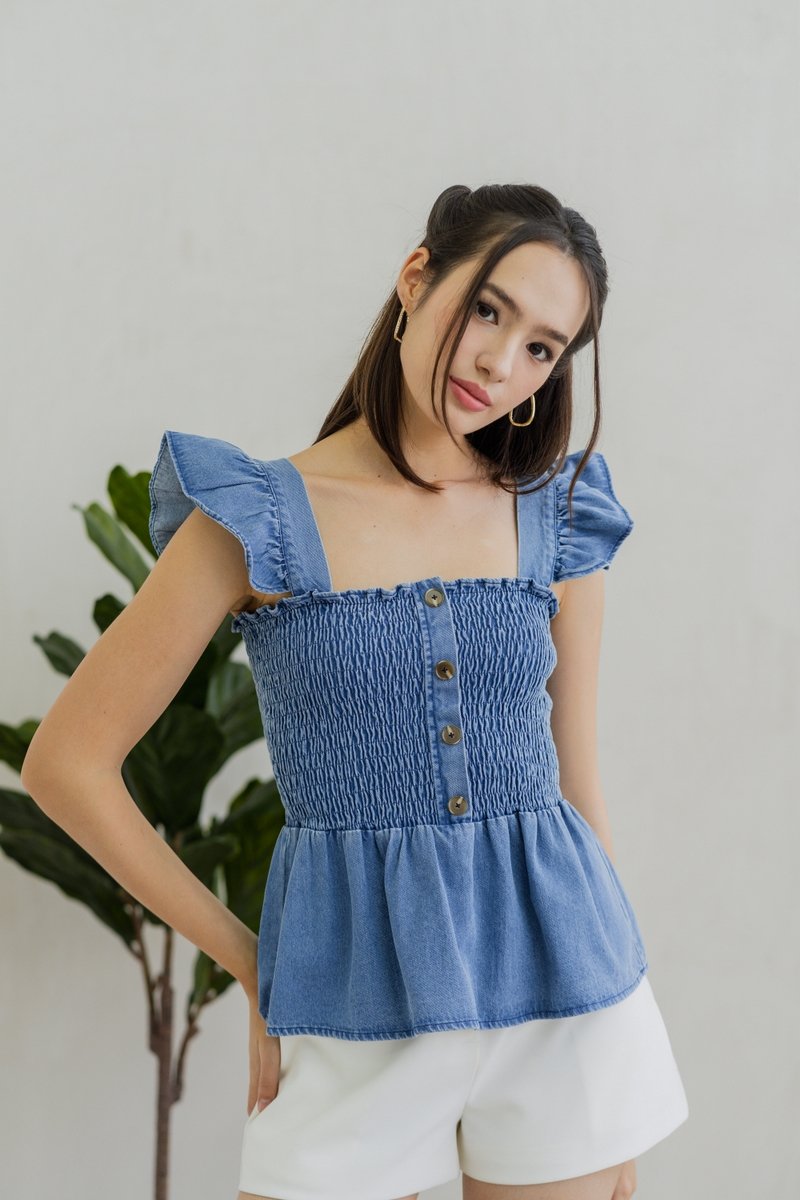 Jessica Ruffle Sleeves Smocked Denim Top