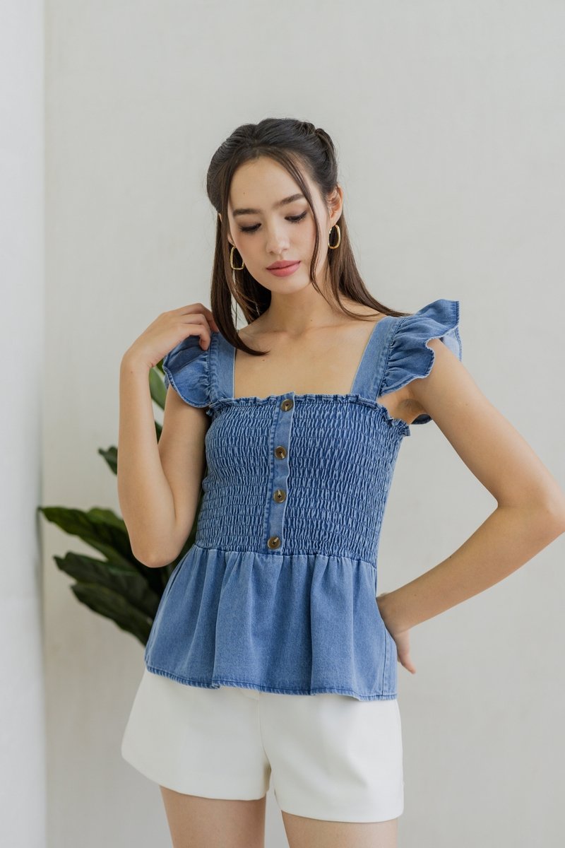 Jessica Ruffle Sleeves Smocked Denim Top