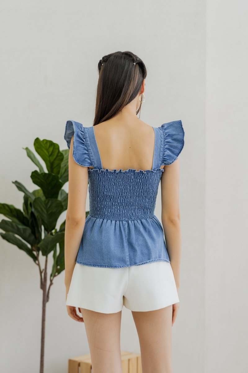 Jessica Ruffle Sleeves Smocked Denim Top