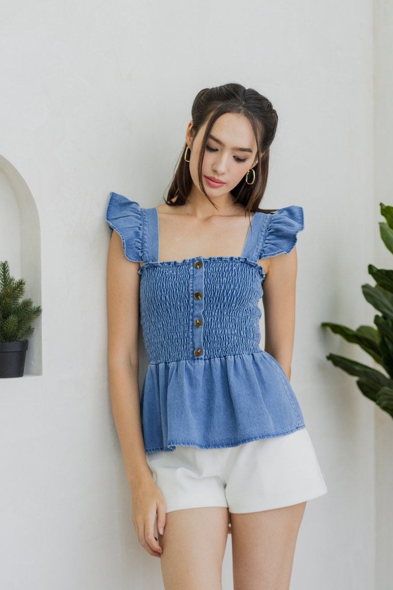 Jessica Ruffle Sleeves Smocked Denim Top