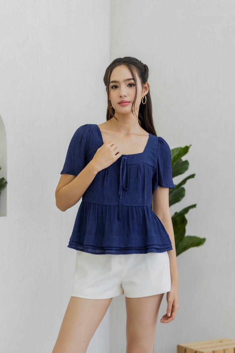 Anne Textured Tie Ribbon Top in Navy (XS)