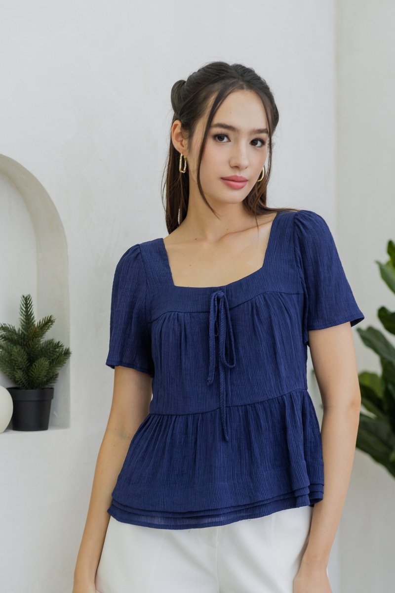 Anne Textured Tie Ribbon Top in Navy (XS)