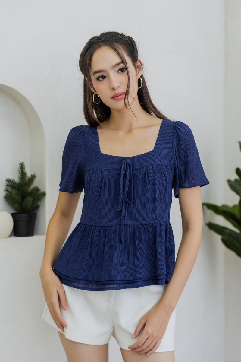 Anne Textured Tie Ribbon Top in Navy (XS)