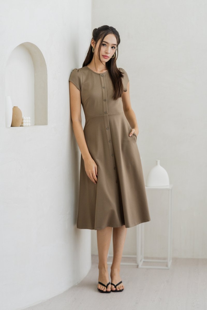 Destiny Button Down Cotton Midi Dress in Khaki (XS)