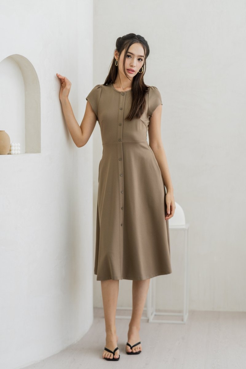 Destiny Button Down Cotton Midi Dress in Khaki (XS)