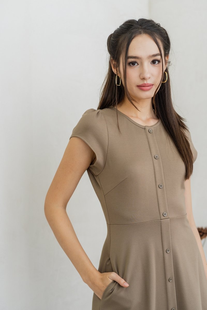 Destiny Button Down Cotton Midi Dress in Khaki (XS)