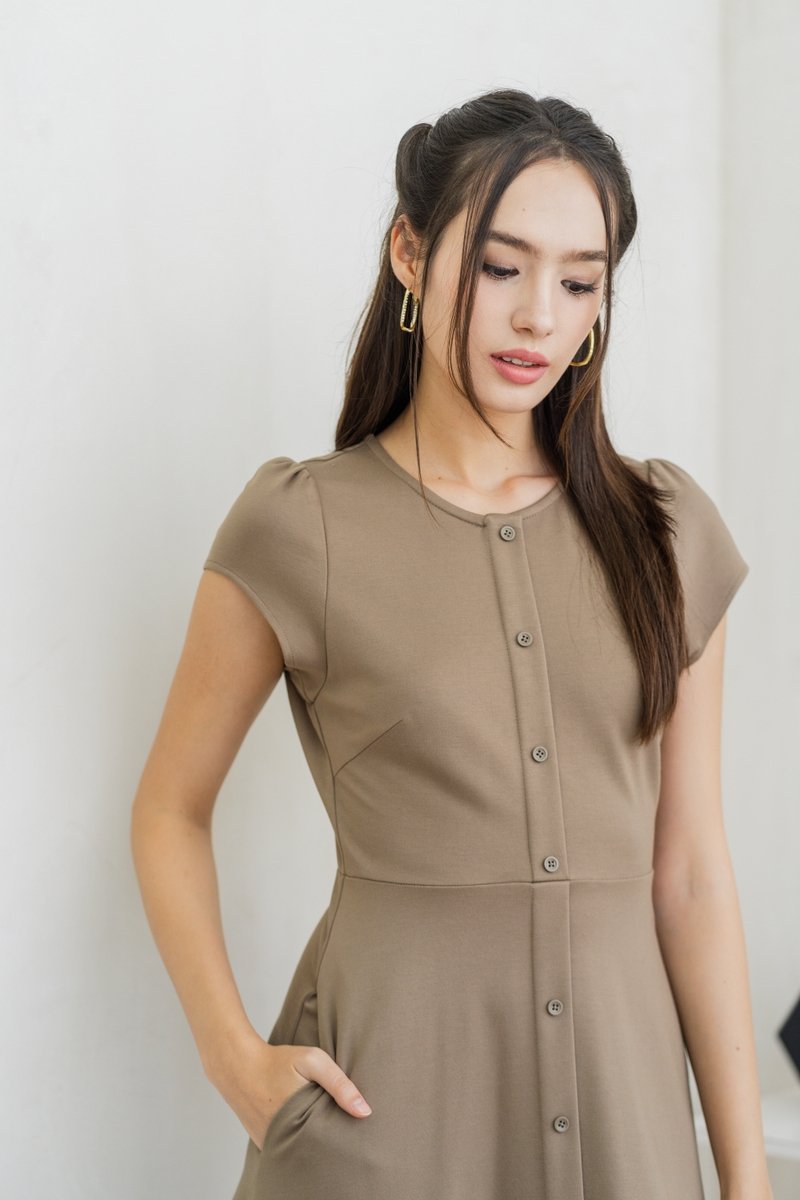 Destiny Button Down Cotton Midi Dress in Khaki (XS)