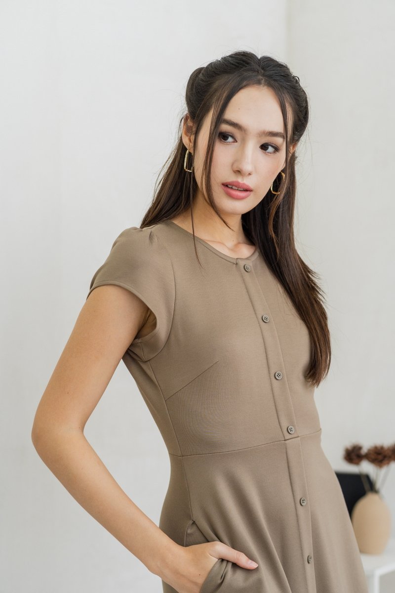 Destiny Button Down Cotton Midi Dress in Khaki (XS)