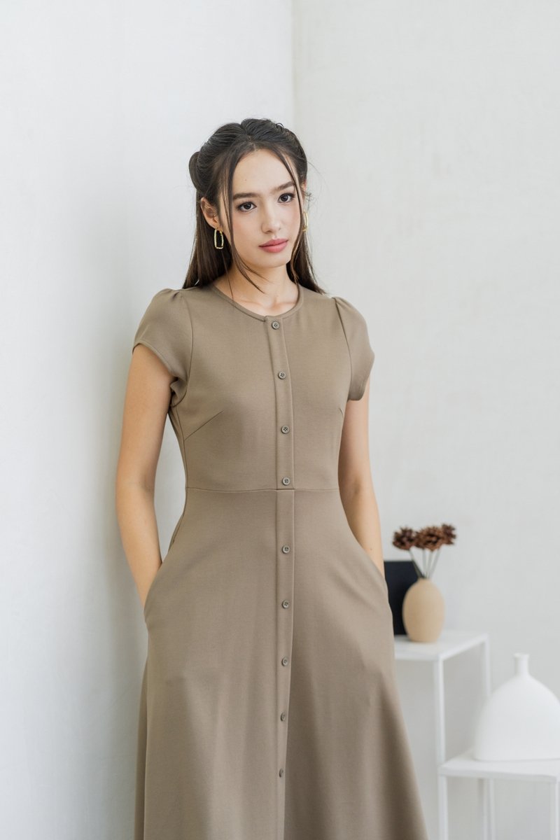Destiny Button Down Cotton Midi Dress in Khaki (XS)