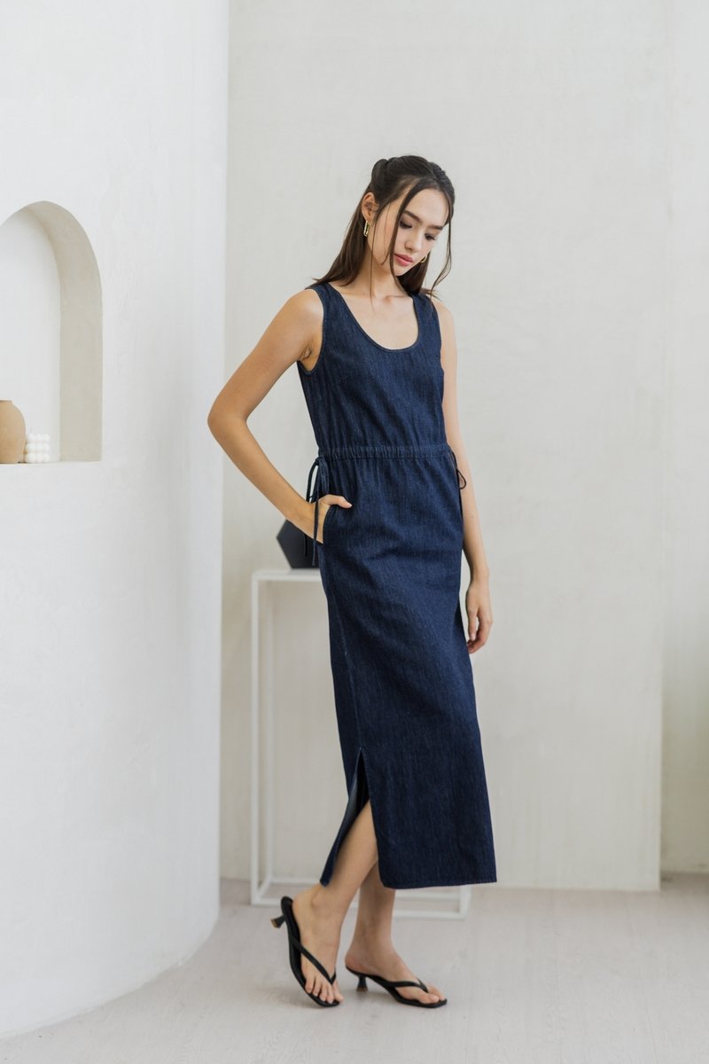 Anne Drawstring Denim Maxi Dress