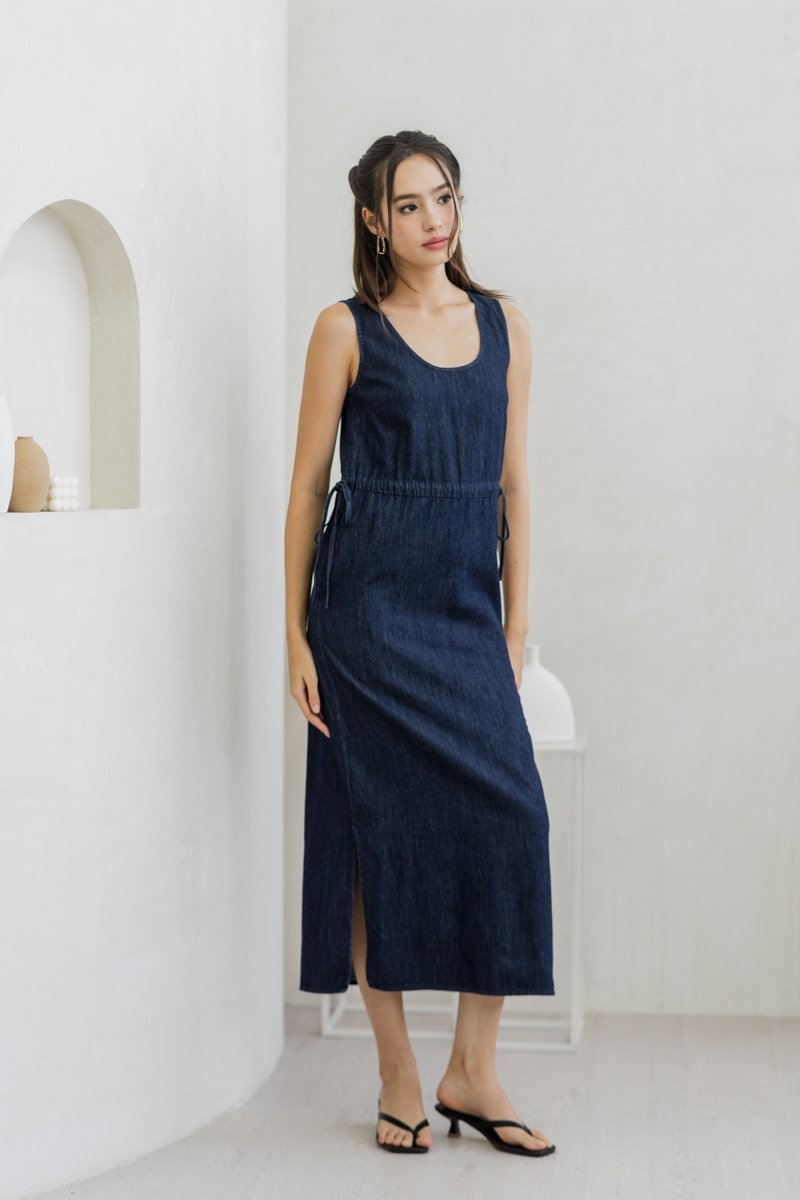 Anne Drawstring Denim Maxi Dress