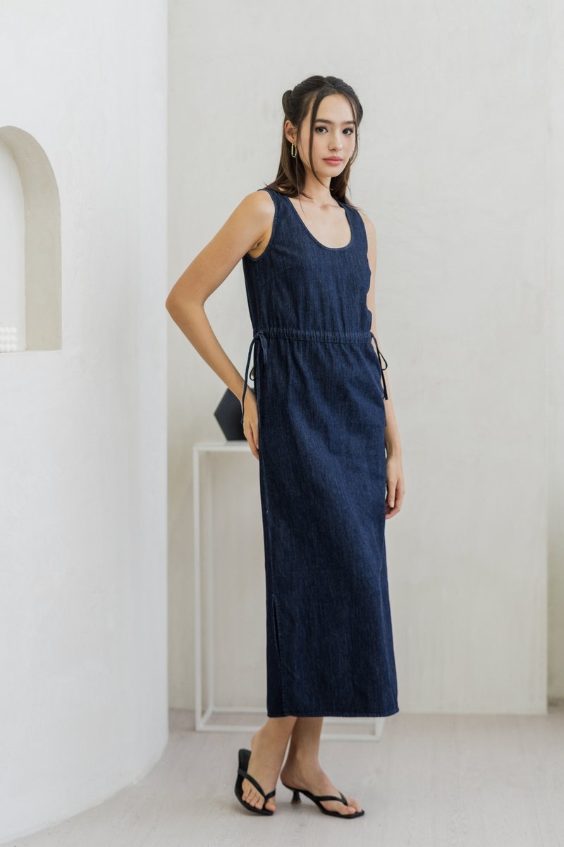 Anne Drawstring Denim Maxi Dress