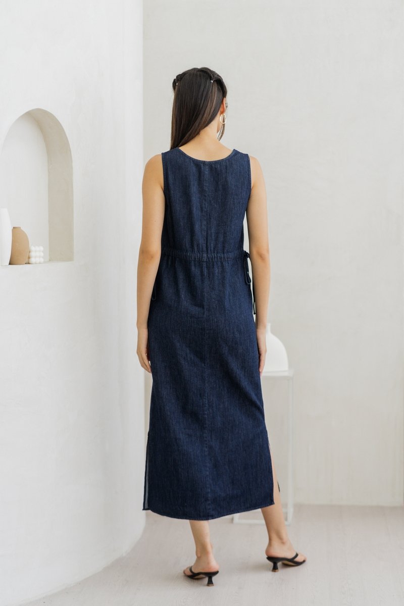 Anne Drawstring Denim Maxi Dress