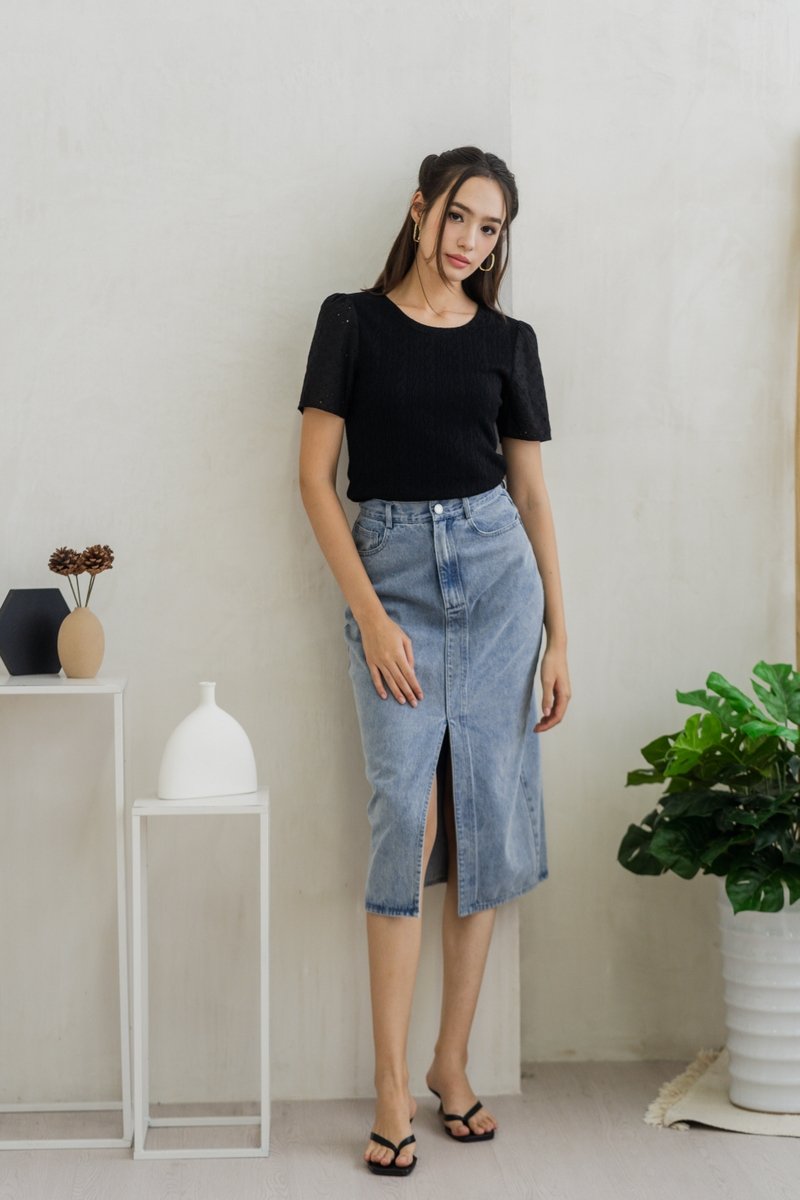 Jillian Knit Eyelet Top in Black (XS)