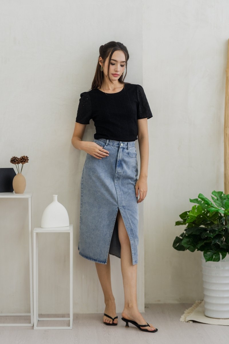 Jillian Knit Eyelet Top in Black (XS)