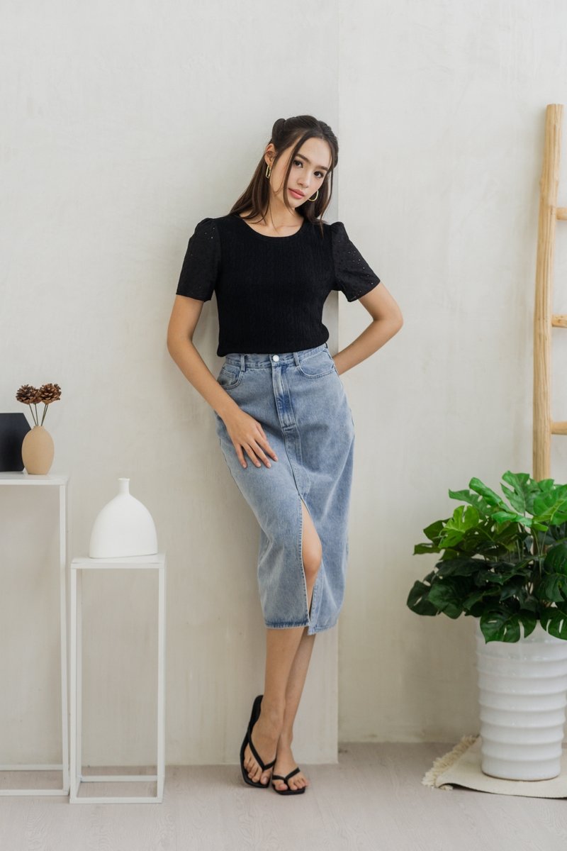 Jillian Knit Eyelet Top in Black (XS)