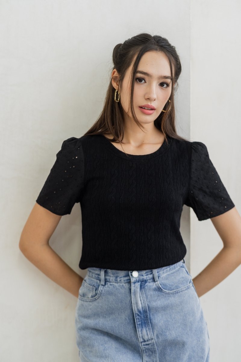 Jillian Knit Eyelet Top in Black (XS)