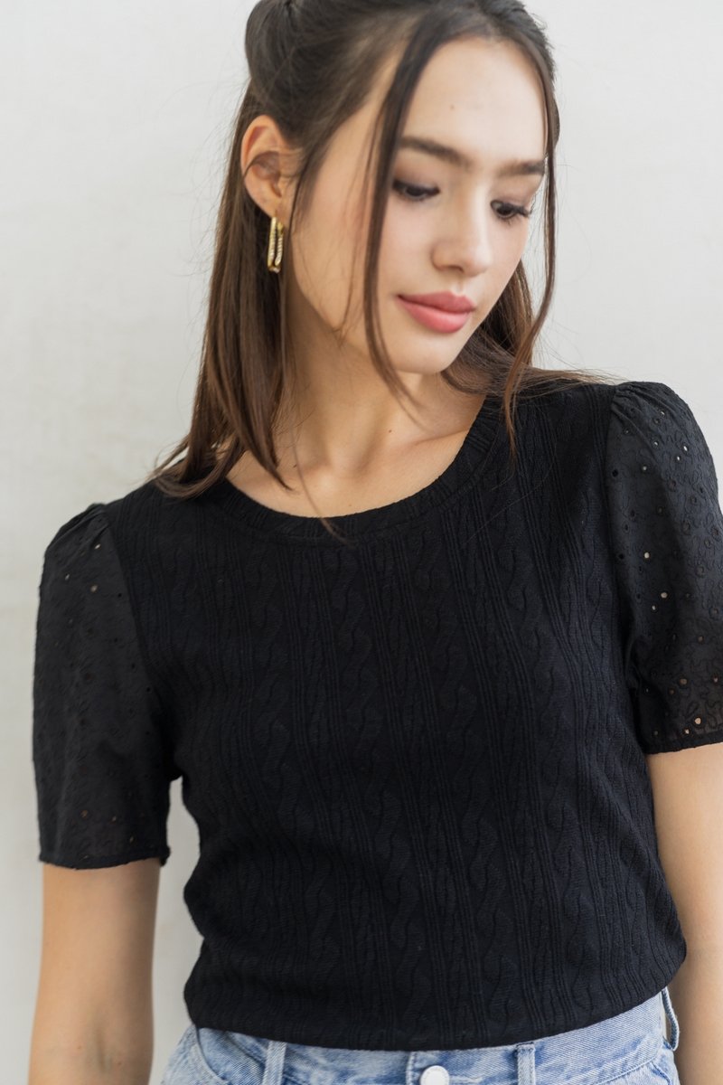 Jillian Knit Eyelet Top in Black (XS)