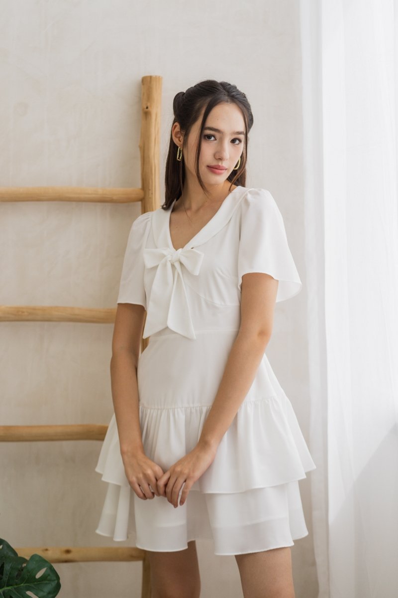 Darlene Ribbon Tiered Dress in White (XS)