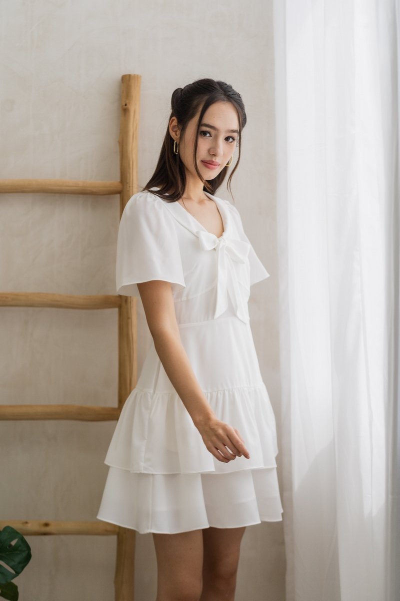 Darlene Ribbon Tiered Dress in White (XS)