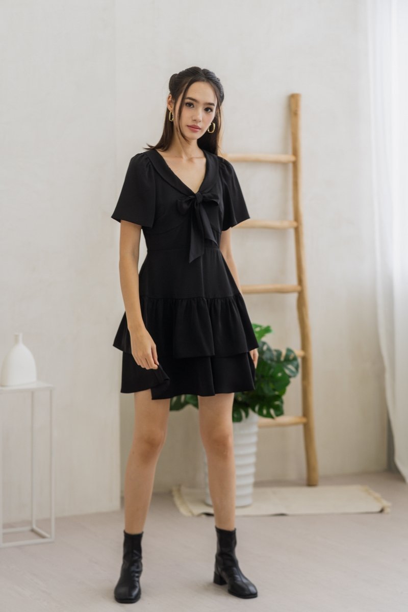 Darlene Ribbon Tiered Dress in Black (XS)