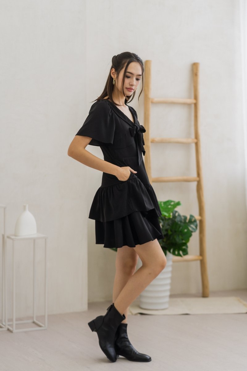 Darlene Ribbon Tiered Dress in Black (XS)