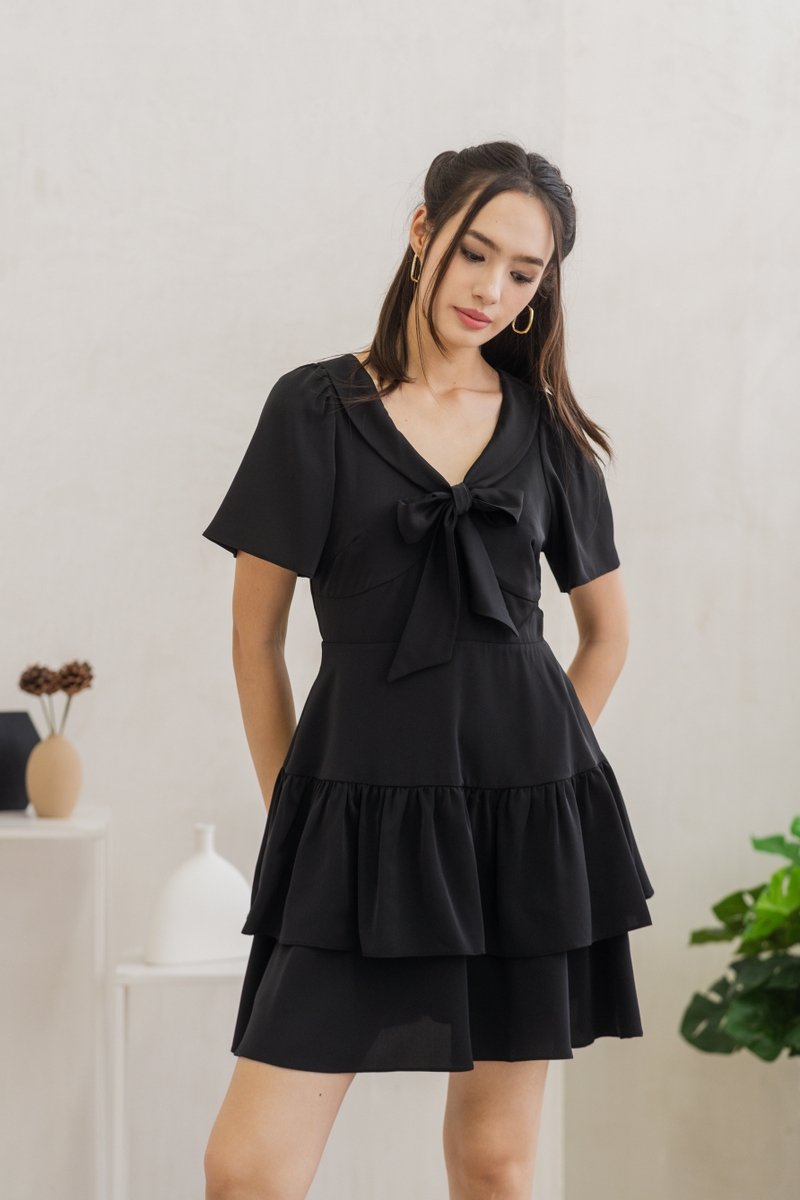 Darlene Ribbon Tiered Dress in Black (XS)