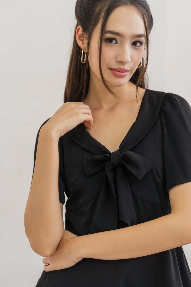 Darlene Ribbon Tiered Dress in Black (XS)
