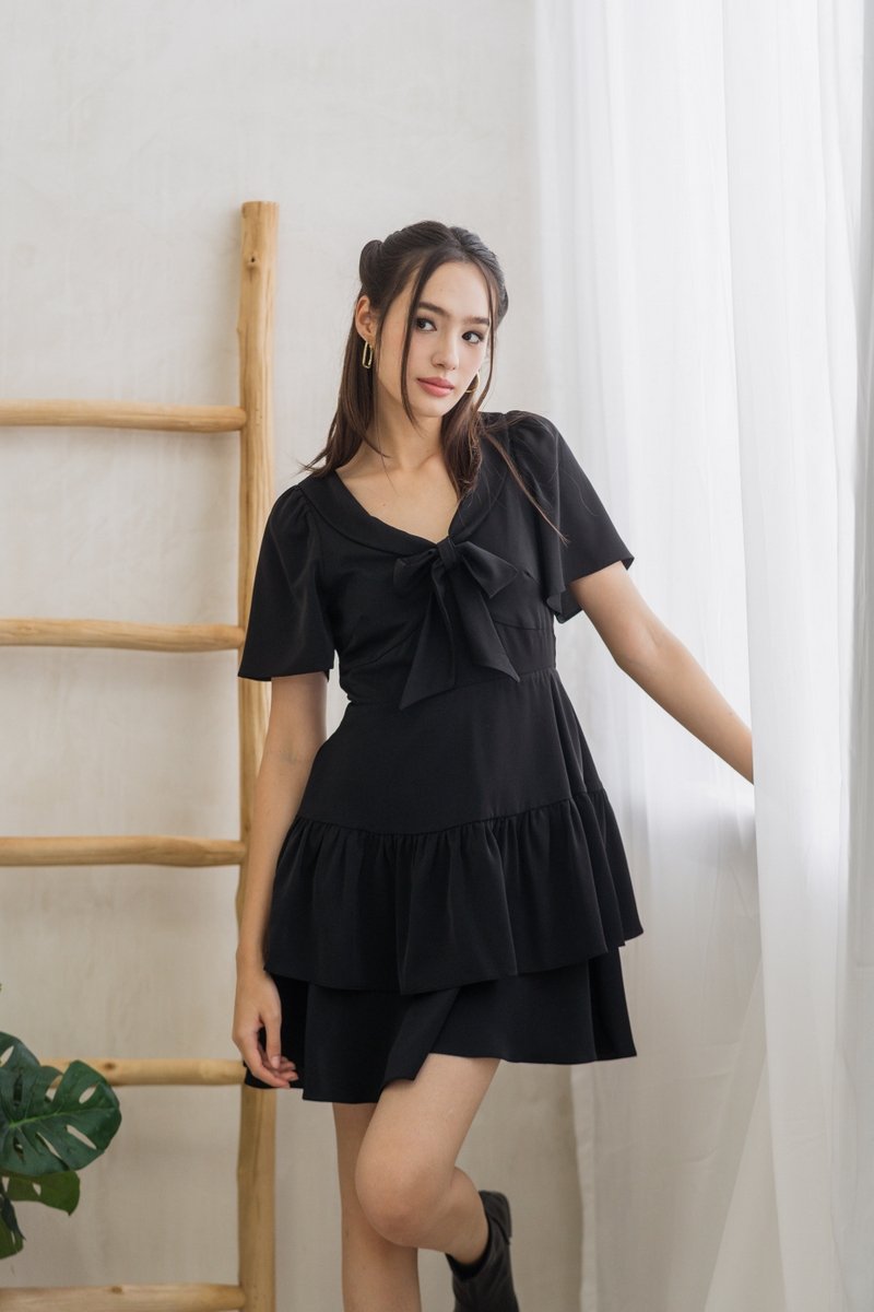 Darlene Ribbon Tiered Dress in Black (XS)