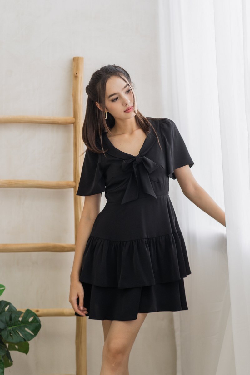 Darlene Ribbon Tiered Dress in Black (XS)