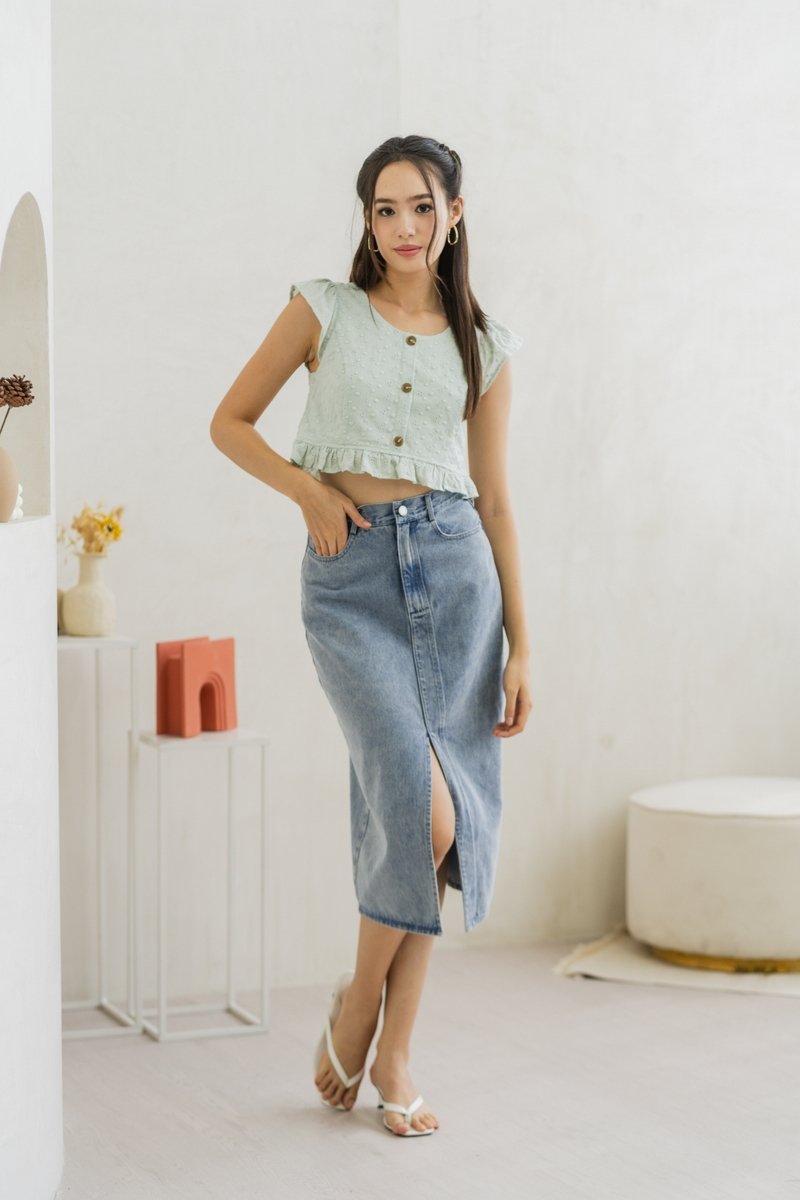 Azzy Eyelet Button Top in Sage
