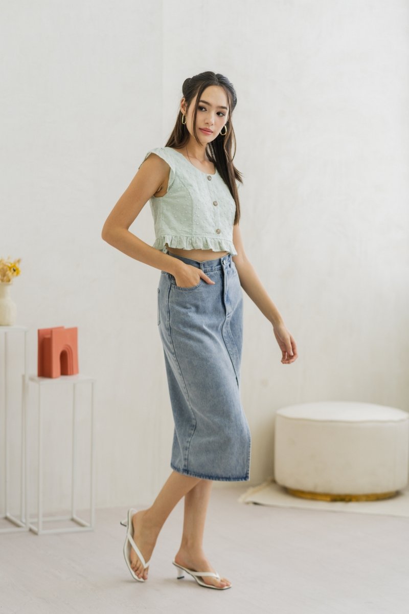 Azzy Eyelet Button Top in Sage