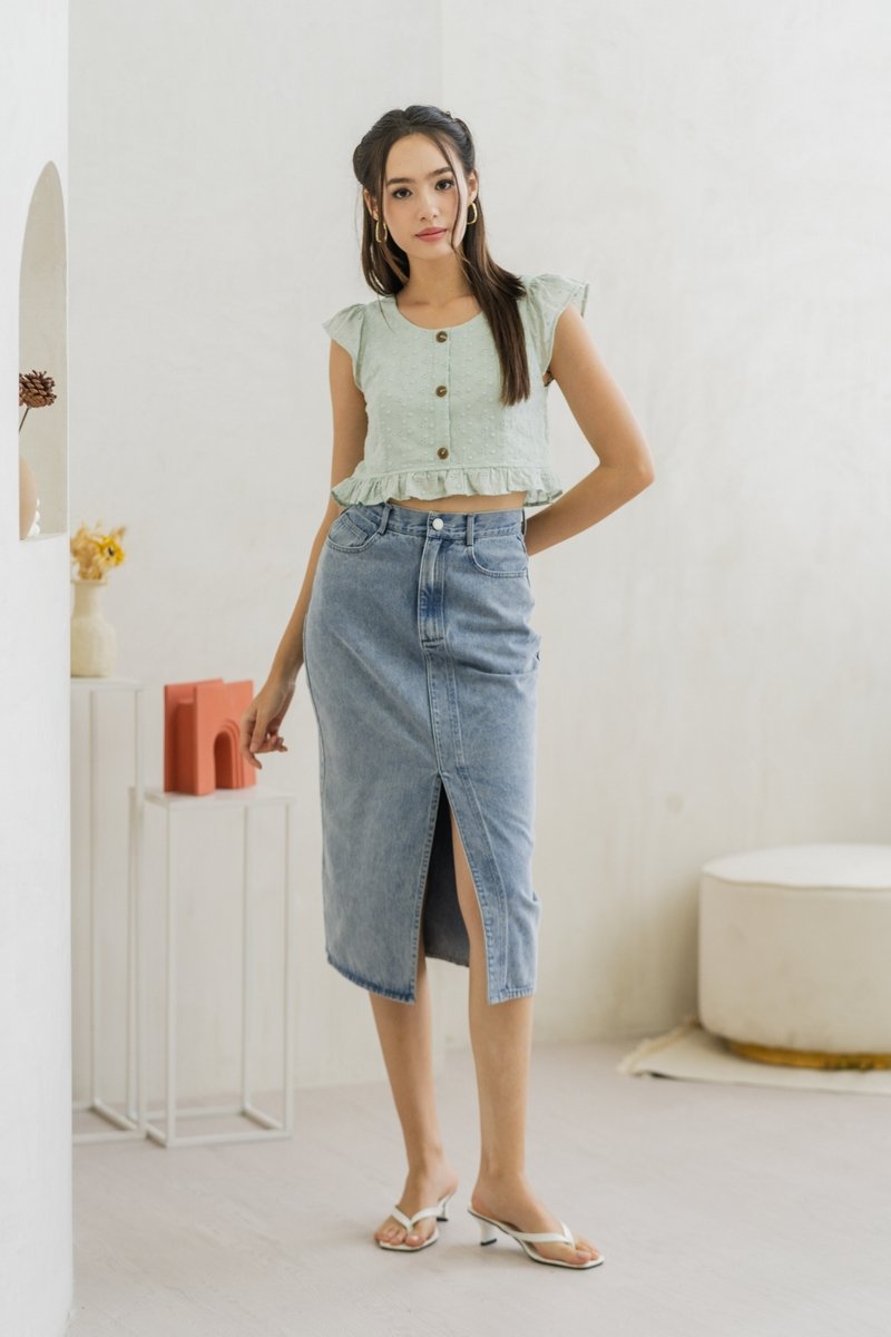 Azzy Eyelet Button Top in Sage