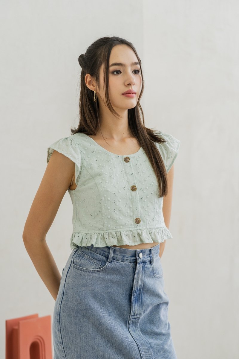 Azzy Eyelet Button Top in Sage