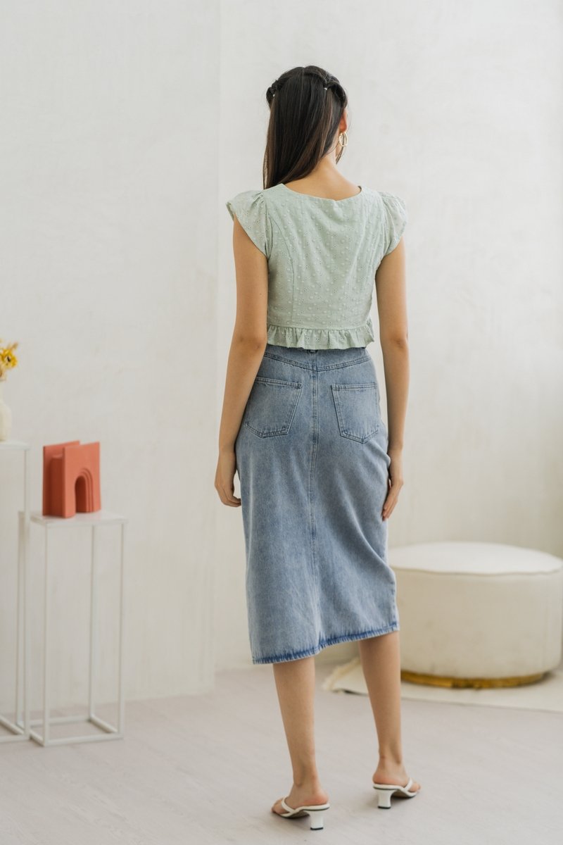 Azzy Eyelet Button Top in Sage