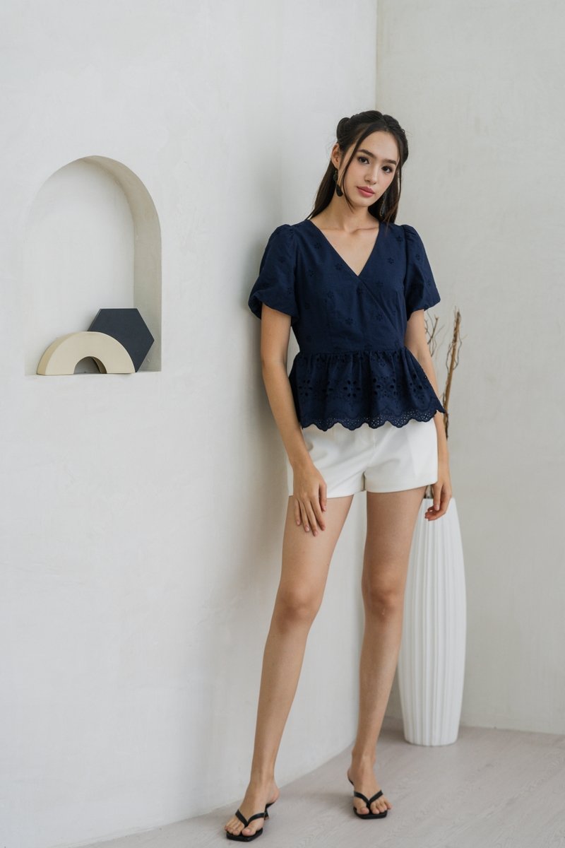 Elly Overlap Eyelet Top in Navy (XS)