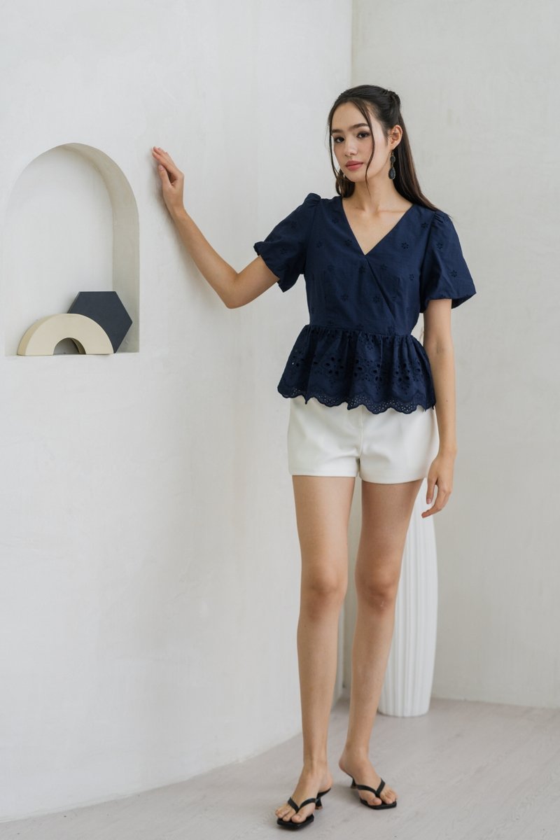 Elly Overlap Eyelet Top in Navy (XS)
