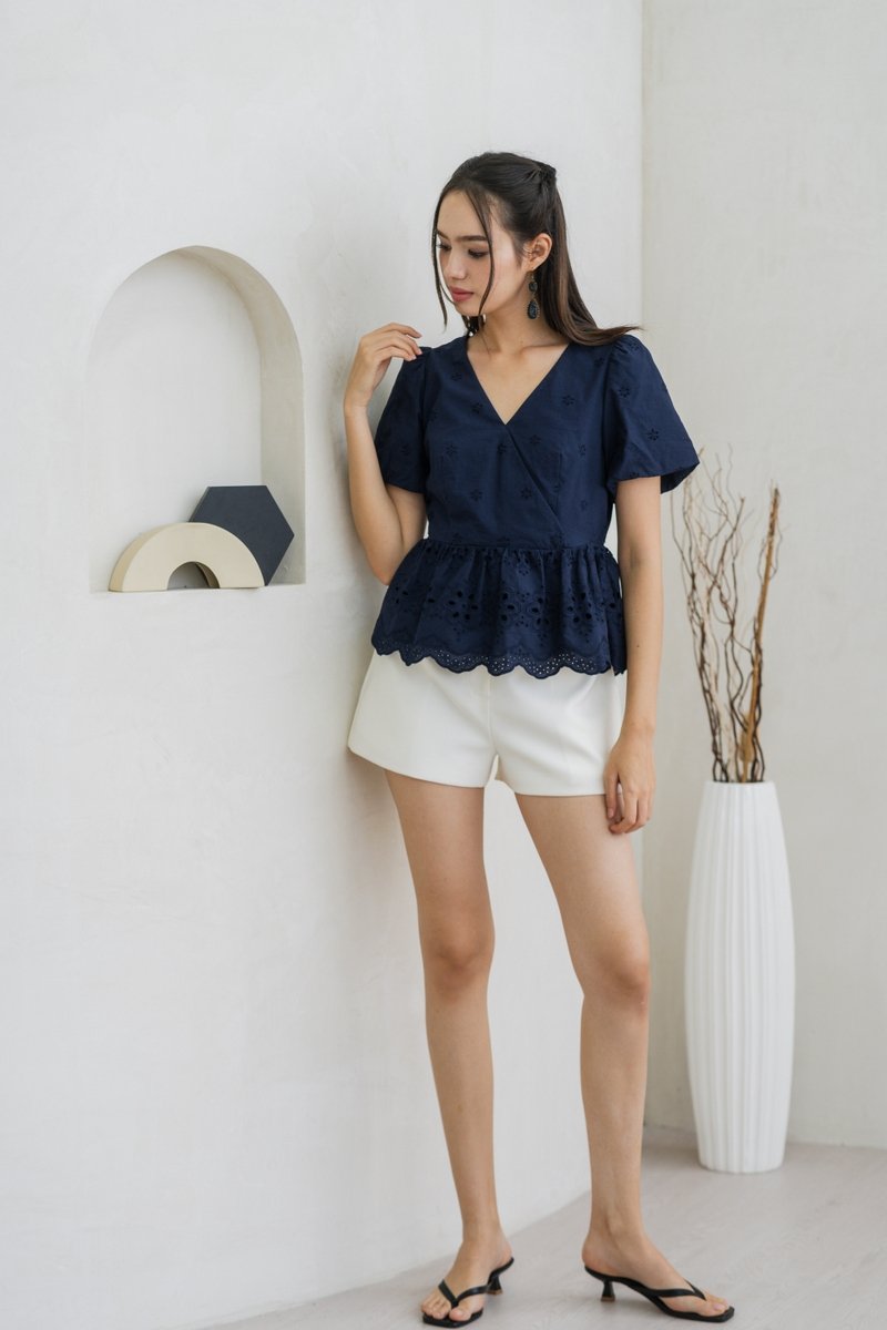 Elly Overlap Eyelet Top in Navy (XS)