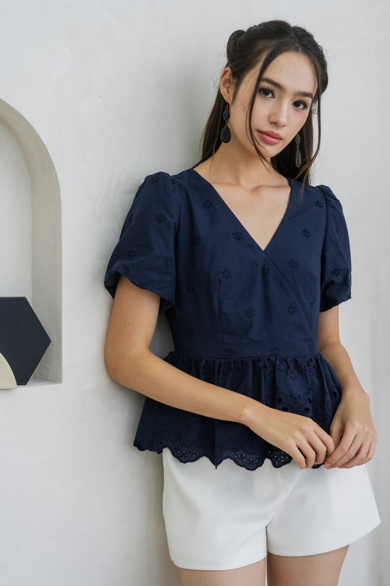 Elly Overlap Eyelet Top in Navy (XS)