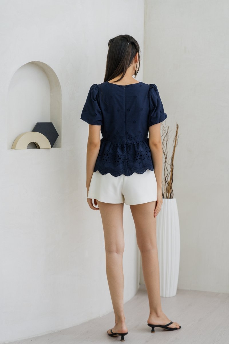 Elly Overlap Eyelet Top in Navy (XS)