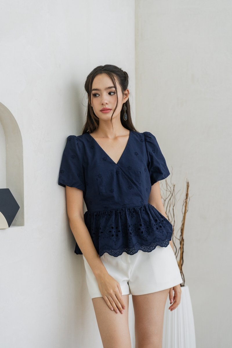 Elly Overlap Eyelet Top in Navy (XS)