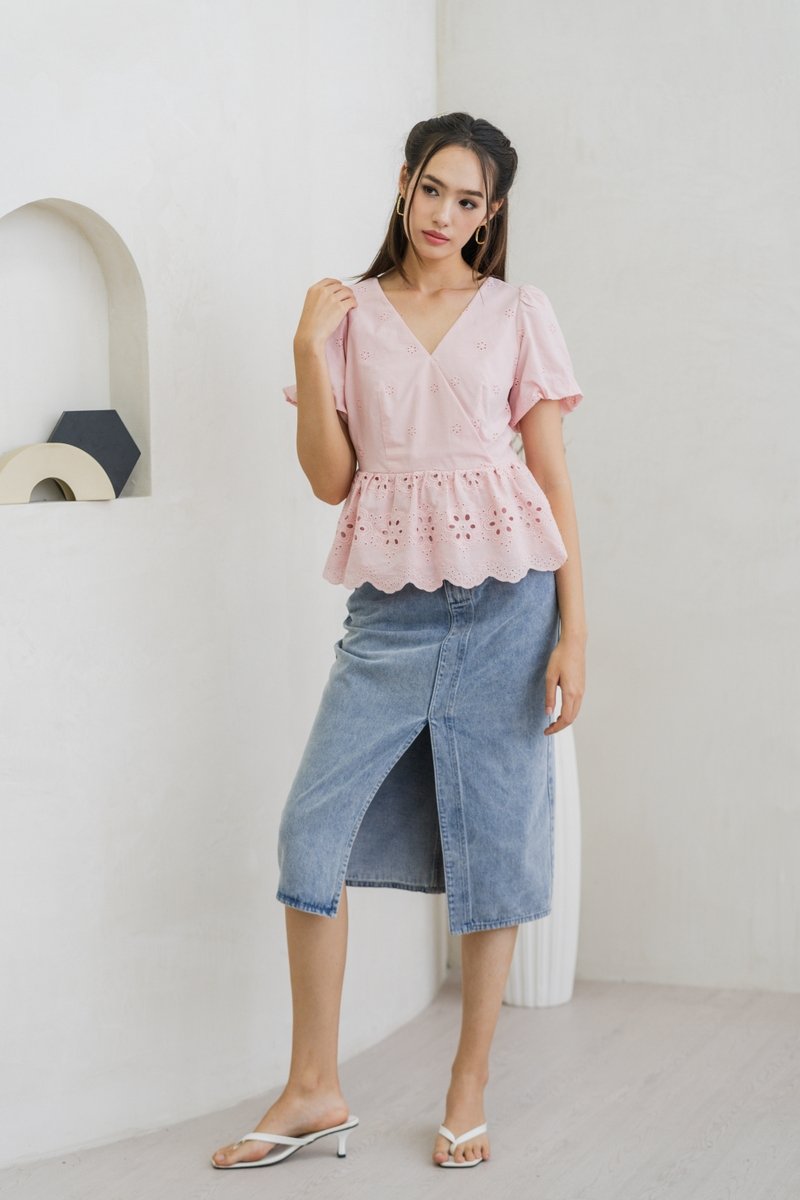 Elly Overlap Eyelet Top in Pink (XS)