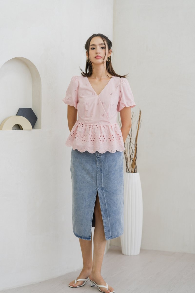 Elly Overlap Eyelet Top in Pink (XS)