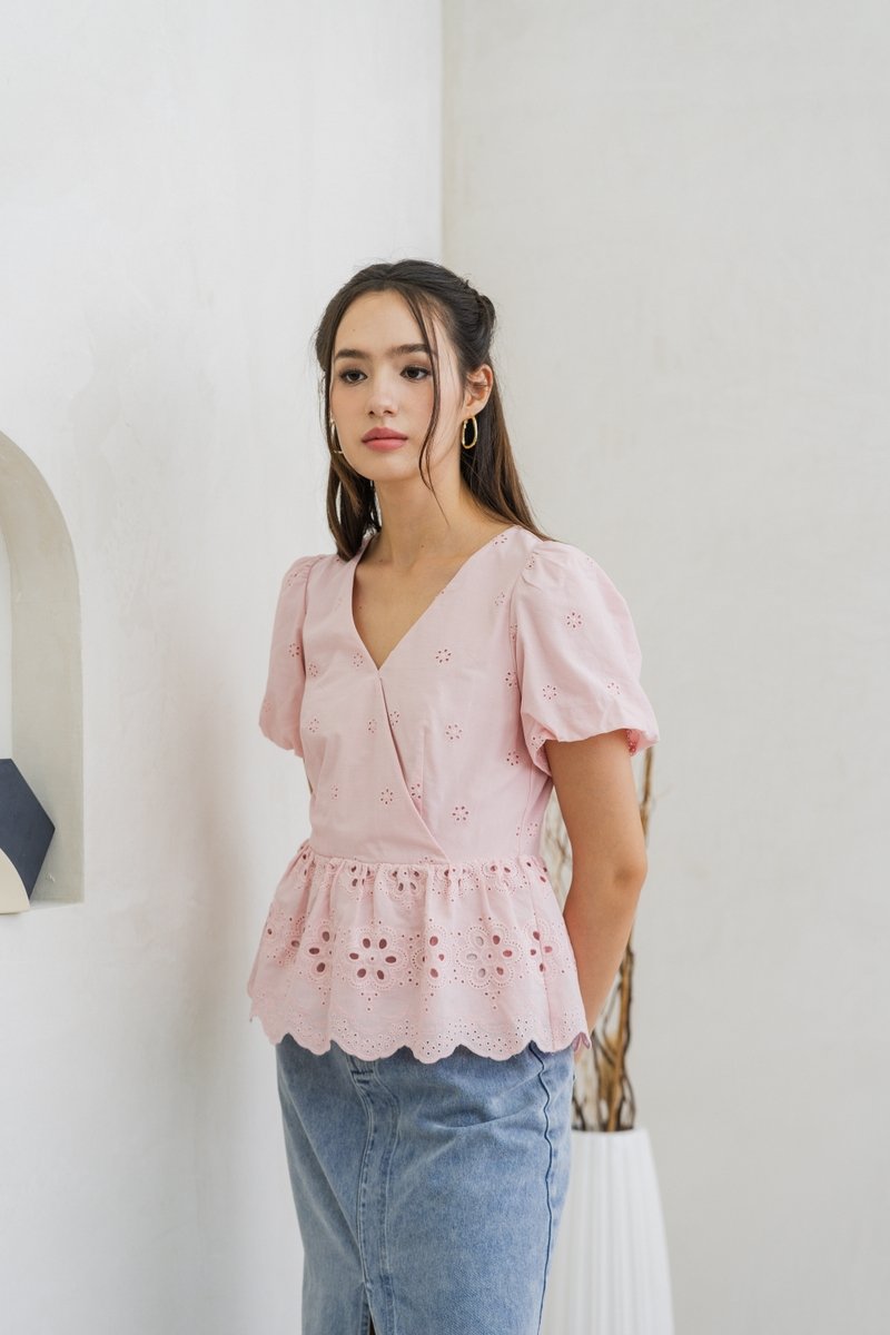 Elly Overlap Eyelet Top in Pink (XS)