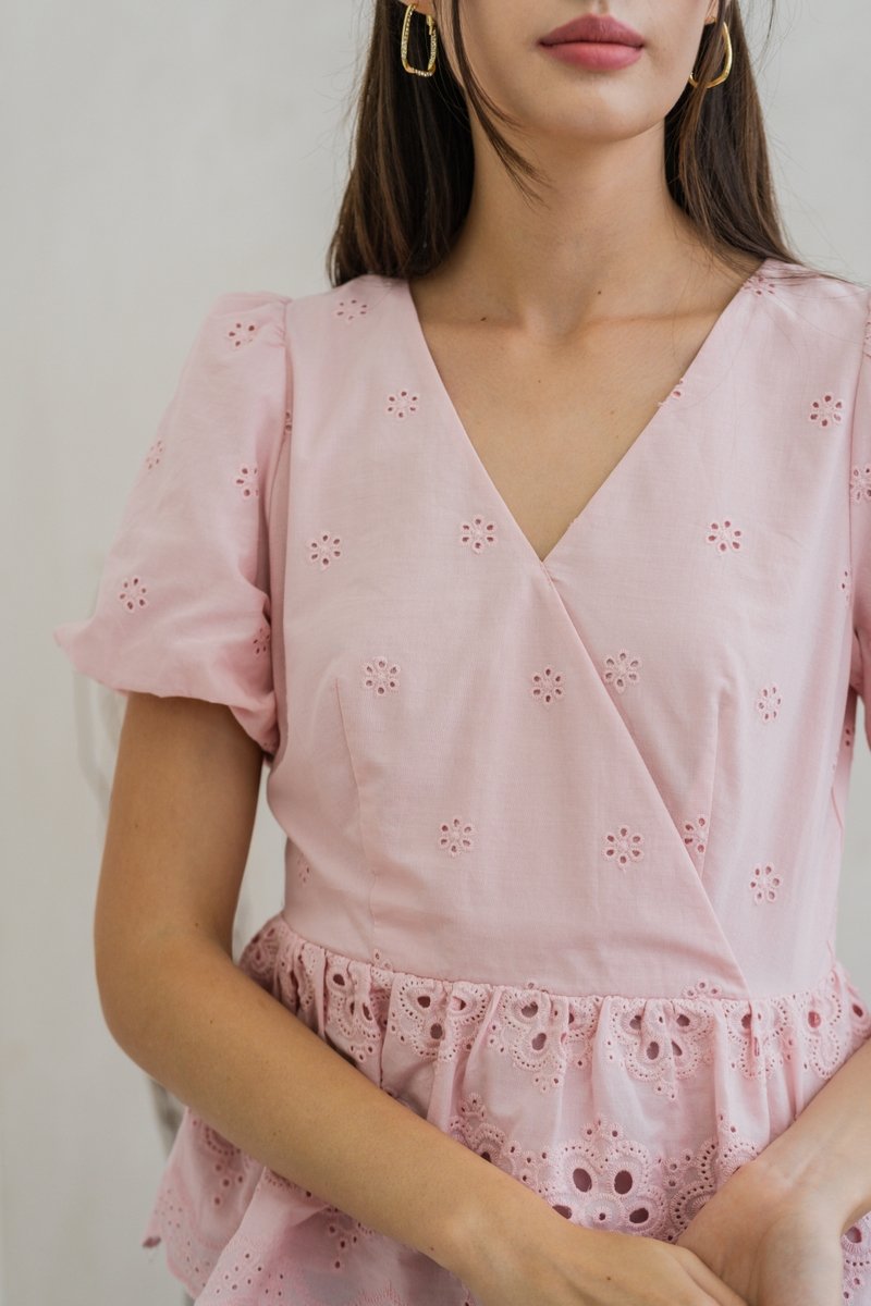 Elly Overlap Eyelet Top in Pink (XS)