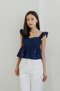 Mindy Ruffle Embroidery Babydoll Top In Navy