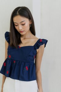 Mindy Ruffle Embroidery Babydoll Top In Navy