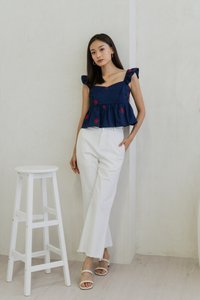 Mindy Ruffle Embroidery Babydoll Top In Navy