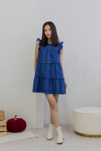 Ryle Tiered Ruffle Sleeve Denim Dress in Dark Wash