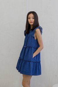 Ryle Tiered Ruffle Sleeve Denim Dress in Dark Wash